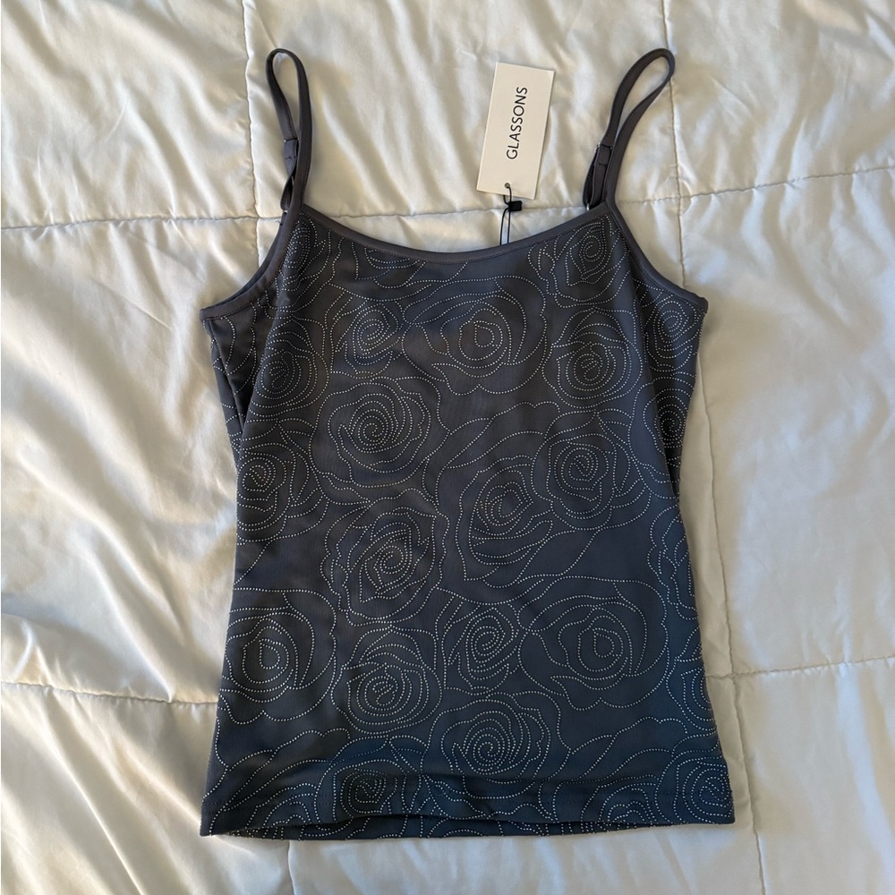 Glassons Blue/Gray Rose-Embellished Spaghetti Strap Tank